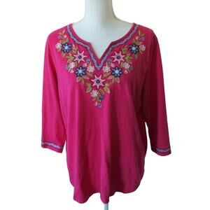 Alfred Dunner Women's Pink 3/4 Sleeve Embroidered & Beaded Shirt Size Large